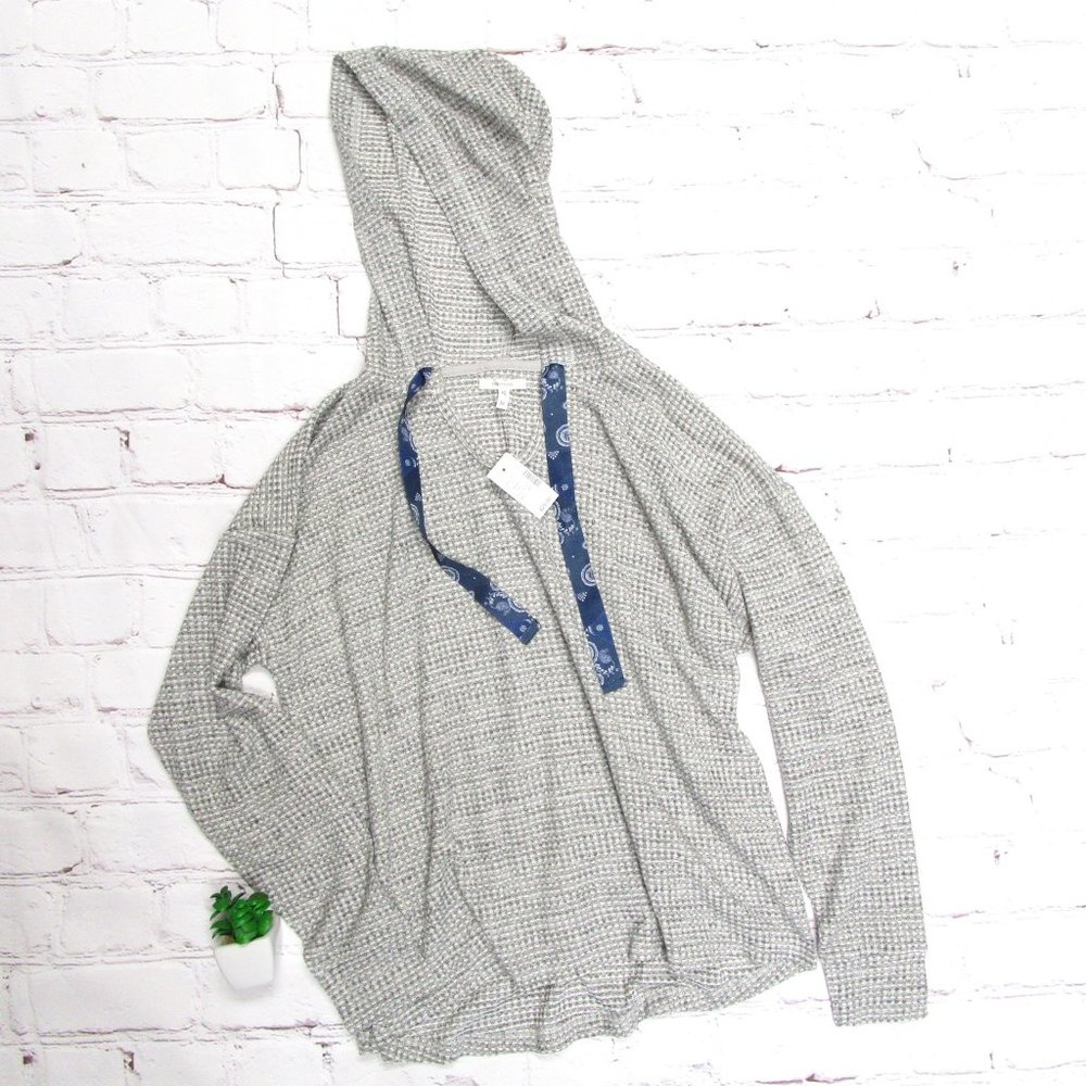 Grey Heather Waffle Knit Hooded Pullover Top